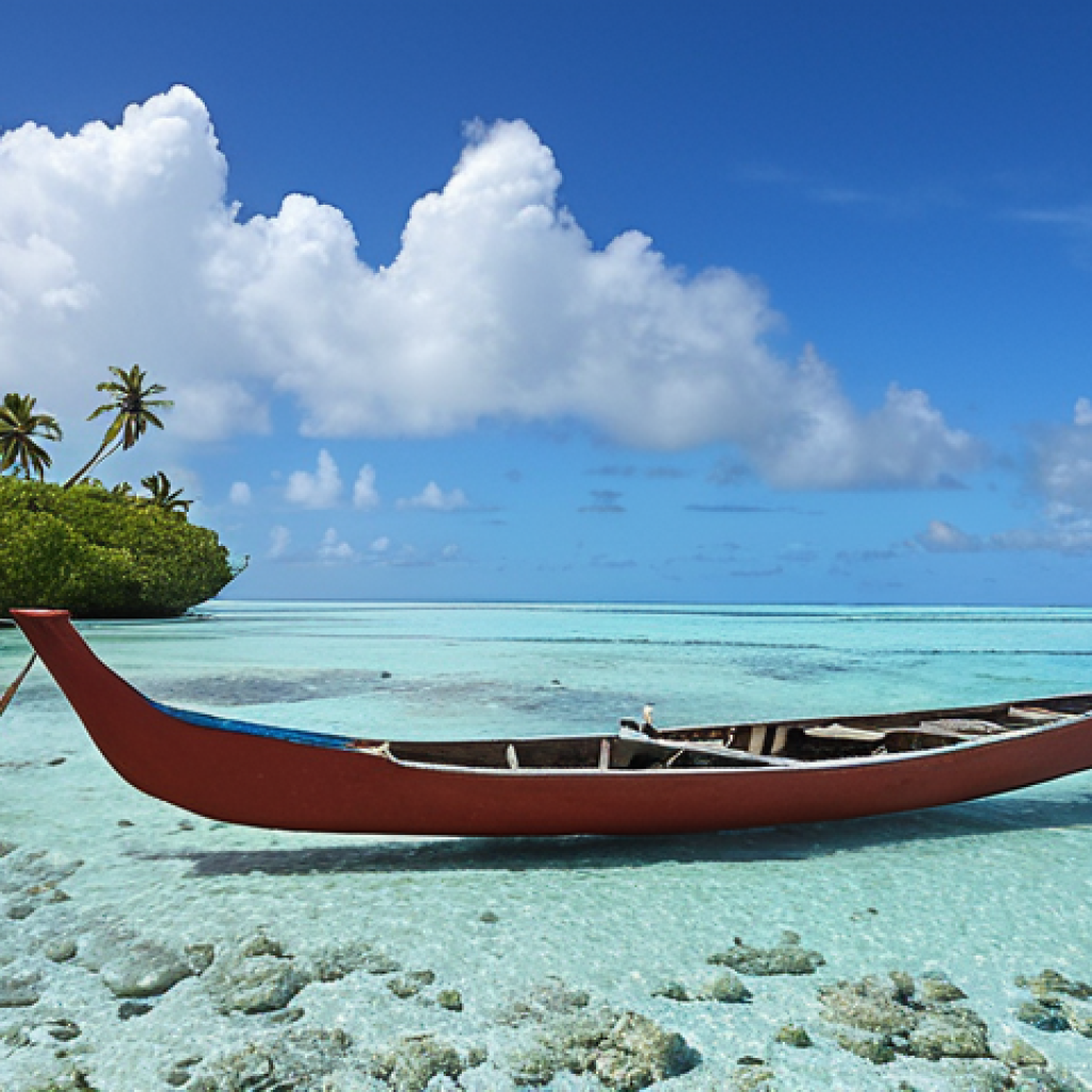 **A vibrant coral reef teeming with fish in the waters of Kiribati, with a traditional outrigger canoe sailing in the distance. The sky is a clear blue, but with a subtle hint of rising sea levels in the background.** (Focus: Kiribati's reliance on fishing and the threat of climate change).