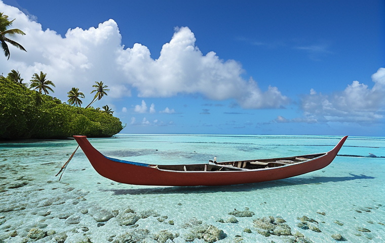 **A vibrant coral reef teeming with fish in the waters of Kiribati, with a traditional outrigger canoe sailing in the distance. The sky is a clear blue, but with a subtle hint of rising sea levels in the background.** (Focus: Kiribati's reliance on fishing and the threat of climate change).