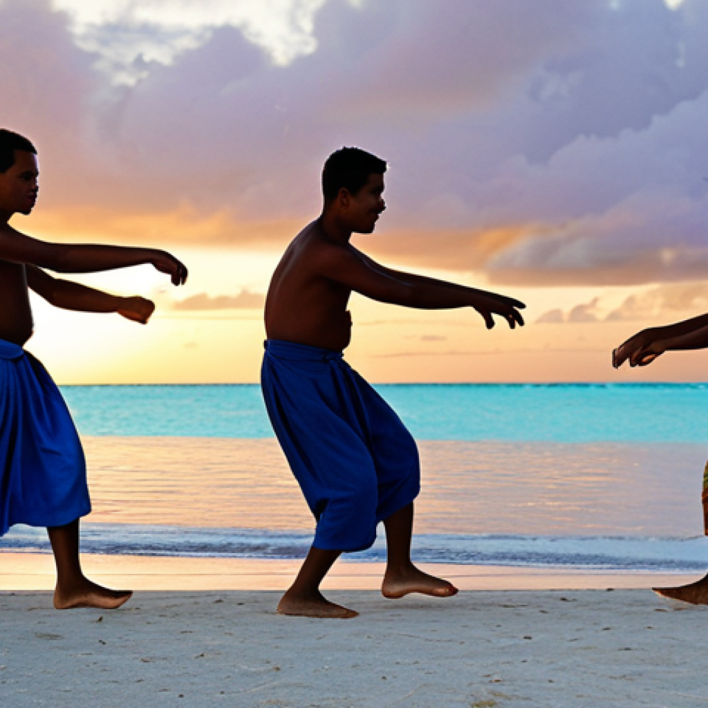 ** A Kiribati family, fully clothed in modest attire, participating in a traditional dance on a beach at sunset. Safe for work, appropriate content, professional photography, perfect anatomy, natural proportions, family-friendly.

**