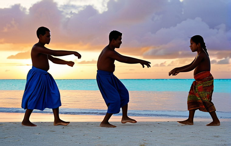 ** A Kiribati family, fully clothed in modest attire, participating in a traditional dance on a beach at sunset. Safe for work, appropriate content, professional photography, perfect anatomy, natural proportions, family-friendly.

**
