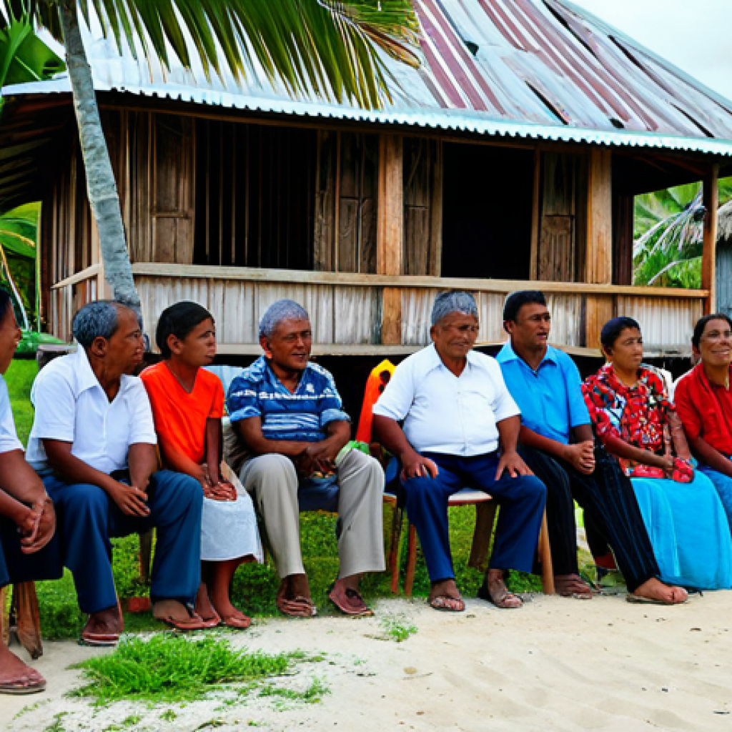 **

"A group of fully clothed Kiribati community members discussing solutions to rising sea levels, modest attire, in a village meeting setting with traditional architecture, appropriate content, perfect anatomy, natural proportions, safe for work, professional photograph, high quality, family-friendly."

**