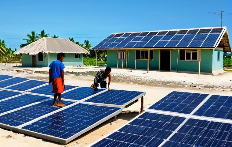 키리바시 지속 가능한 개발 계획 - "A wide shot of Kiribati coastline featuring replanted mangrove trees protecting the shore, clear bl...
