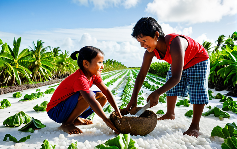 키리바시 지속 가능한 개발 계획 - "Solar panels installed in a Kiribati village, fully clothed people using solar energy for lighting ...