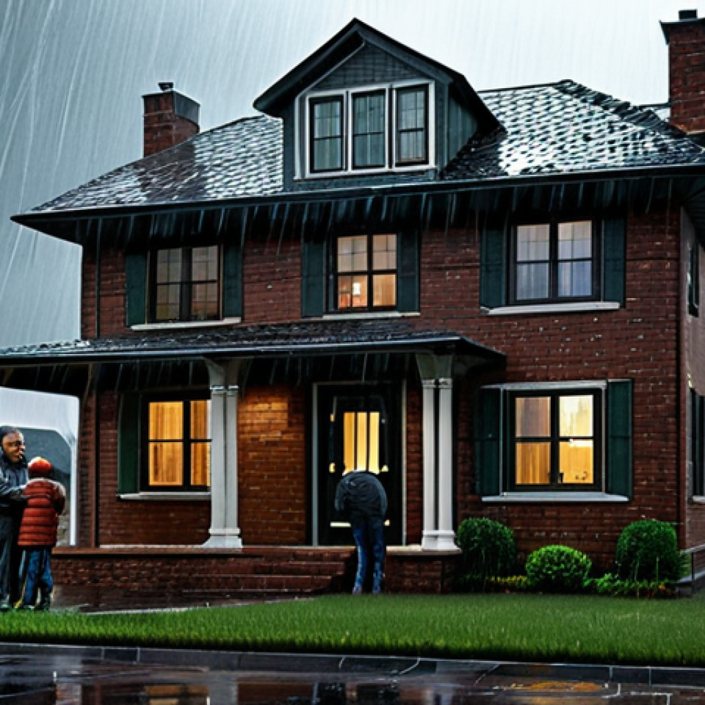 키리바시 응급 상황 대처법 - Shelter during a storm**

A family is safely inside a sturdy brick house during a heavy rainstorm, f...