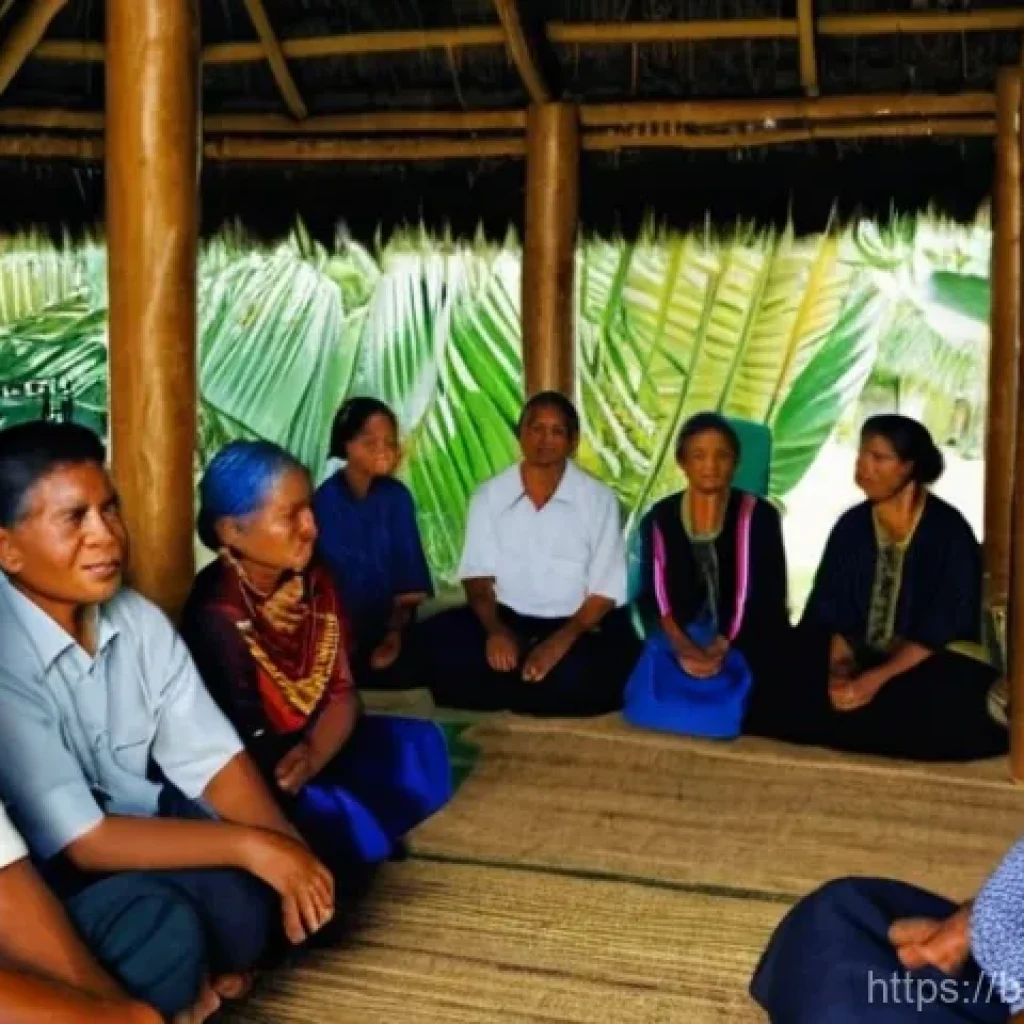 키리바시 전통 혼례 문화 - **Prompt Title: Kiribati Family Elders Discussing a Wedding Proposal**
    A group of respected Kiri...