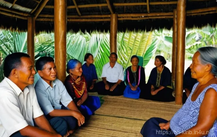 키리바시 전통 혼례 문화 - **Prompt Title: Kiribati Family Elders Discussing a Wedding Proposal**
    A group of respected Kiri...