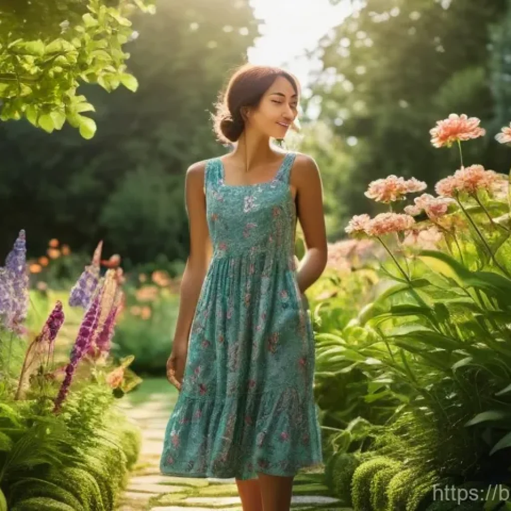 키리바시 영어 사용 가능성 - A young woman, wearing a modest, stylish sundress, stands at the edge of a lush, vibrant garden, gen...