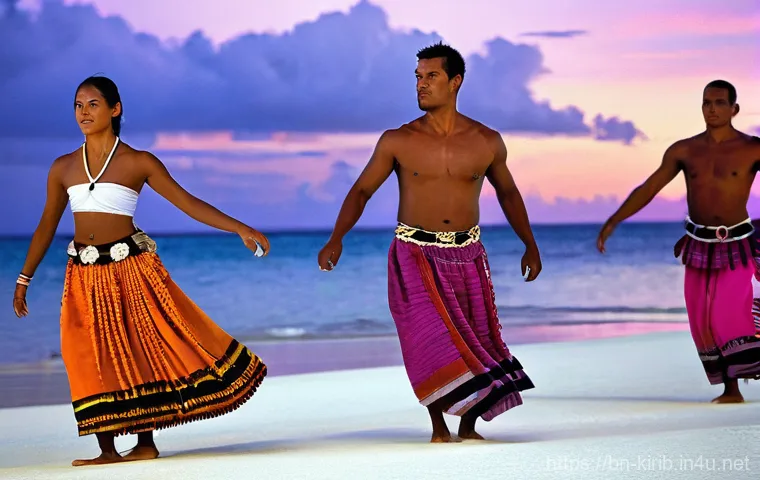 키리바시 전통 춤 Bino - **Prompt 1: "The Heart of the Kiribati Binou Dance"**
    A group of Kiribati Binou dancers, both me...