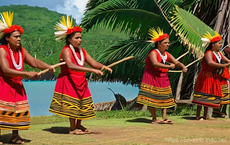 키리바시 전통 춤 Bino - **Prompt 1: "The Heart of the Kiribati Binou Dance"**
    A group of Kiribati Binou dancers, both me...