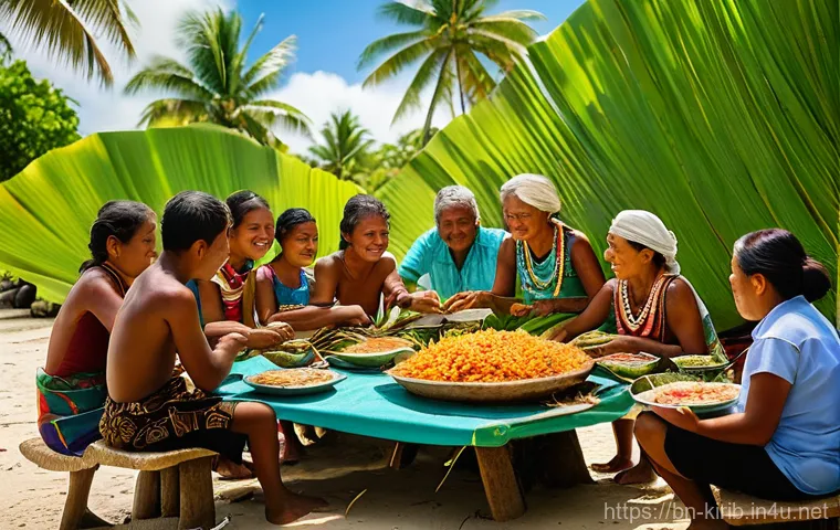 키리바시 관광객을 위한 필수 표현 - Kiribati Traditional Feast and Community Gathering**
A vibrant and warm image capturing a communal f...