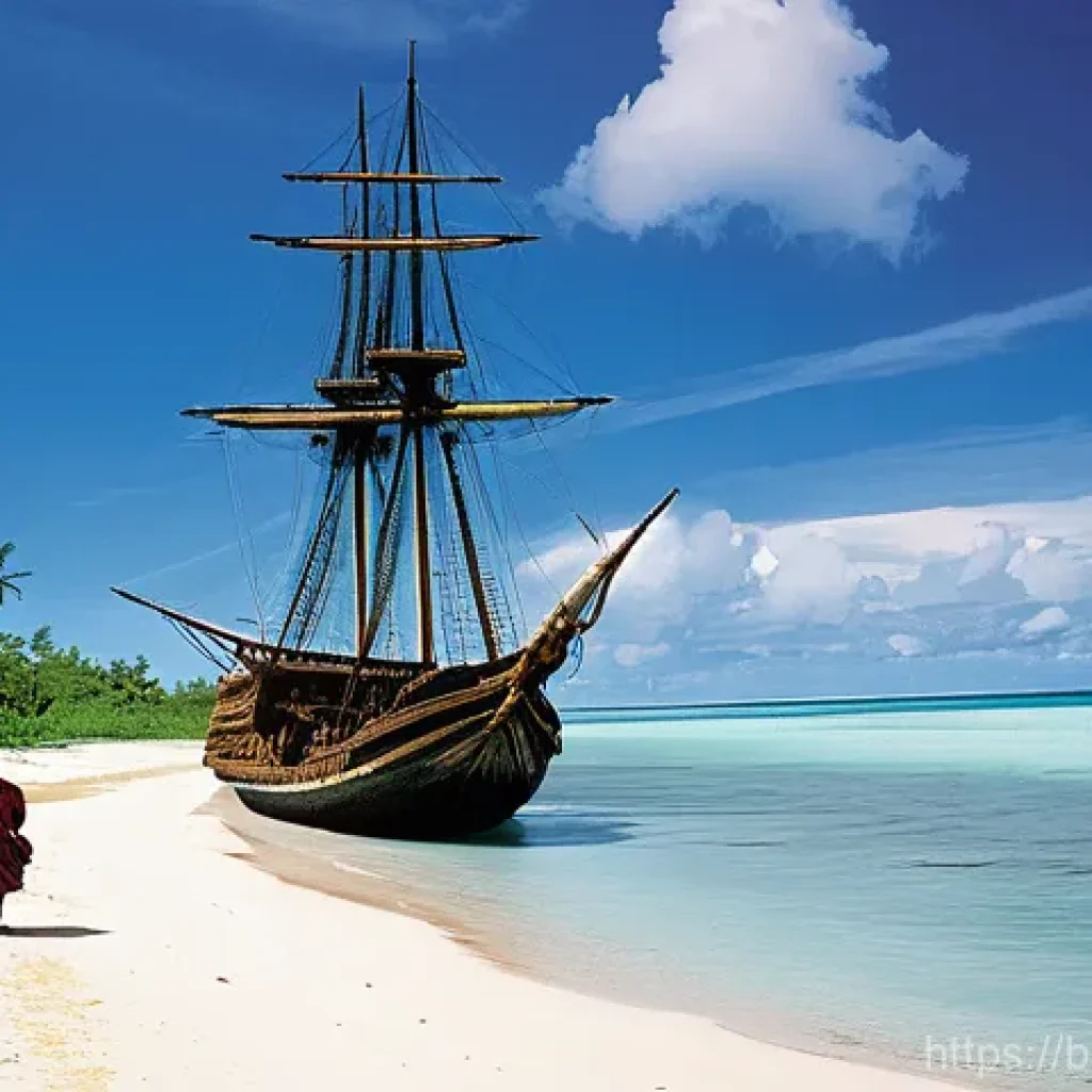 키리바시 영국 식민지 시절 - "A serene coastal scene in Kiribati during the early 19th century. A large, majestic British sailing...