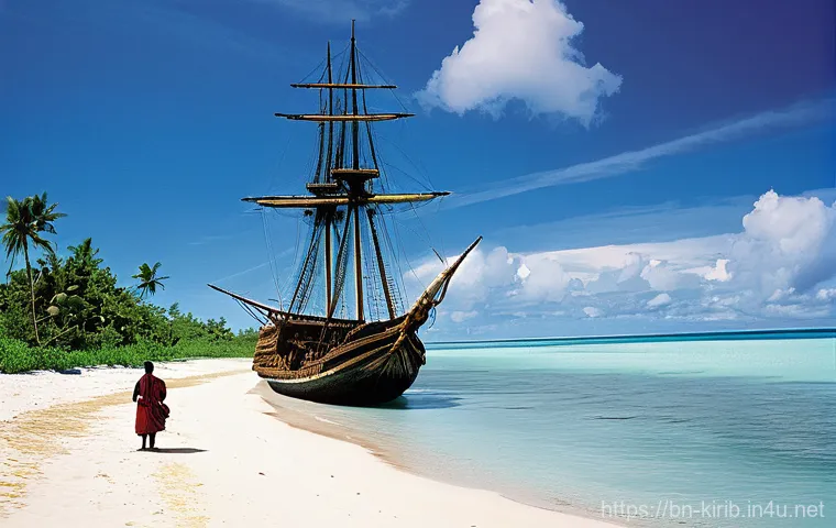 키리바시 영국 식민지 시절 - "A serene coastal scene in Kiribati during the early 19th century. A large, majestic British sailing...