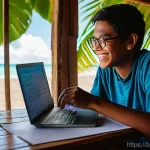 Home 8 키리바시 언어 교류 및 학습 프로그램 - **Prompt:** "A diverse young person (teenager or young adult, dressed in casual, modest clothing) si...