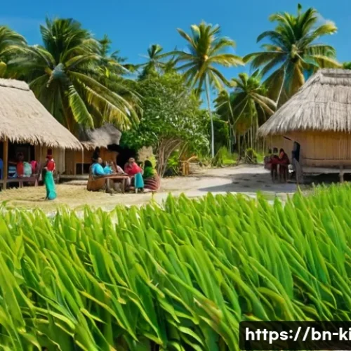Home 7 키리바시 현지 은행 및 금융 서비스 - A vibrant rural Kiribati village scene showing diverse people using mobile phones for digital bankin...