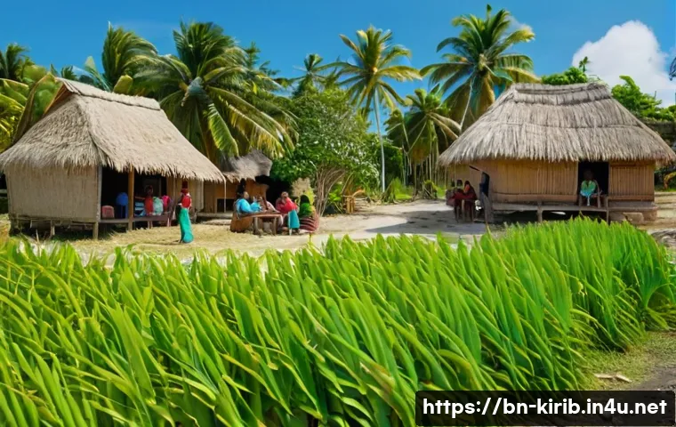 키리바시 현지 은행 및 금융 서비스 - A vibrant rural Kiribati village scene showing diverse people using mobile phones for digital bankin...