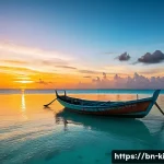 키리바시 노래와 시의 언어적 특징 - A serene coastal scene of Kiribati island life at sunset, featuring traditional wooden boats gently ...
