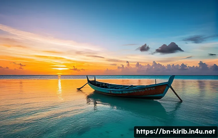 키리바시 노래와 시의 언어적 특징 - A serene coastal scene of Kiribati island life at sunset, featuring traditional wooden boats gently ...