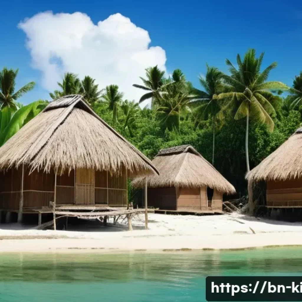 키리바시 전통 마을 투어 - A serene Kiribati village scene showing traditional wooden houses with palm leaf roofs elevated on h...