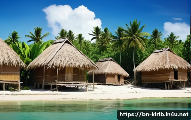 키리바시 전통 마을 투어 - A serene Kiribati village scene showing traditional wooden houses with palm leaf roofs elevated on h...