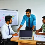 키리바시에서 일자리 찾기 - A vibrant office scene in Kiribati showing a diverse group of young professionals in formal attire c...