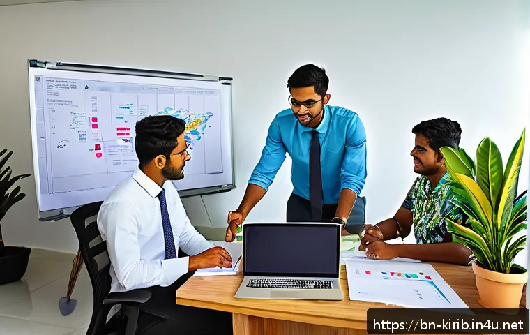 키리바시에서 일자리 찾기 - A vibrant office scene in Kiribati showing a diverse group of young professionals in formal attire c...