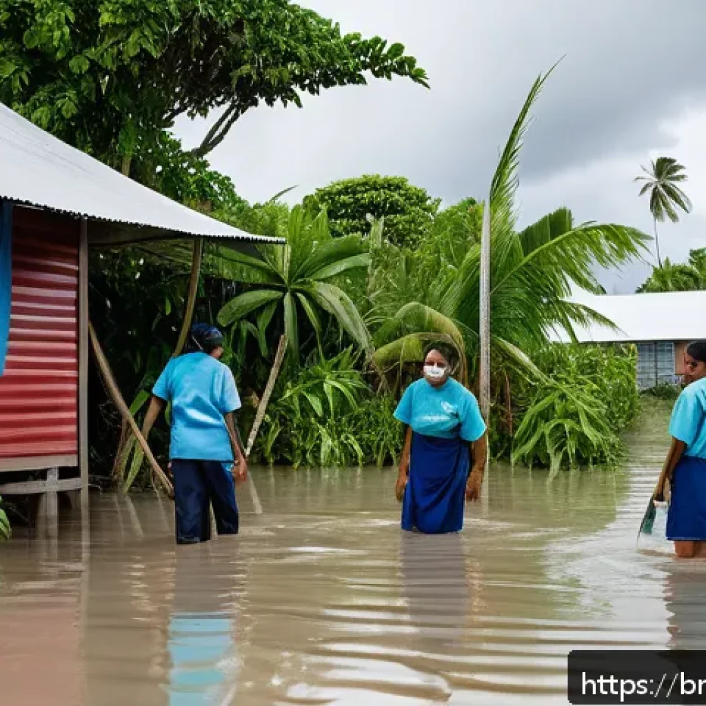 키리바시 보건 문제 및 해결책 - A coastal healthcare clinic in Kiribati partially submerged in floodwaters caused by high tides, wit...