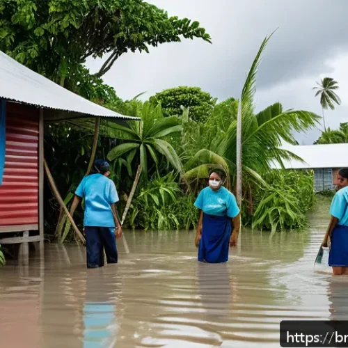 키리바시 보건 문제 및 해결책 - A coastal healthcare clinic in Kiribati partially submerged in floodwaters caused by high tides, wit...