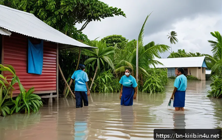키리바시 보건 문제 및 해결책 - A coastal healthcare clinic in Kiribati partially submerged in floodwaters caused by high tides, wit...