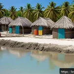 키리바시 식수 문제 해결법 - A detailed scene of a small Kiribati village during the dry season, showcasing traditional rainwater...