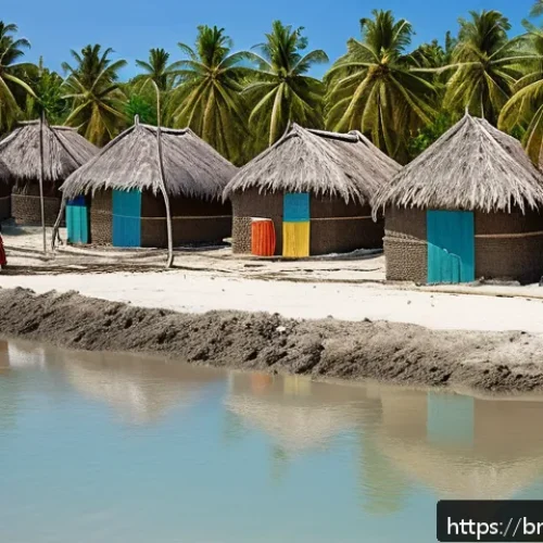 키리바시 식수 문제 해결법 - A detailed scene of a small Kiribati village during the dry season, showcasing traditional rainwater...