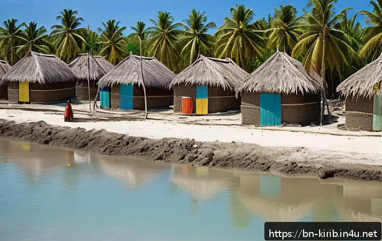 키리바시 식수 문제 해결법 - A detailed scene of a small Kiribati village during the dry season, showcasing traditional rainwater...