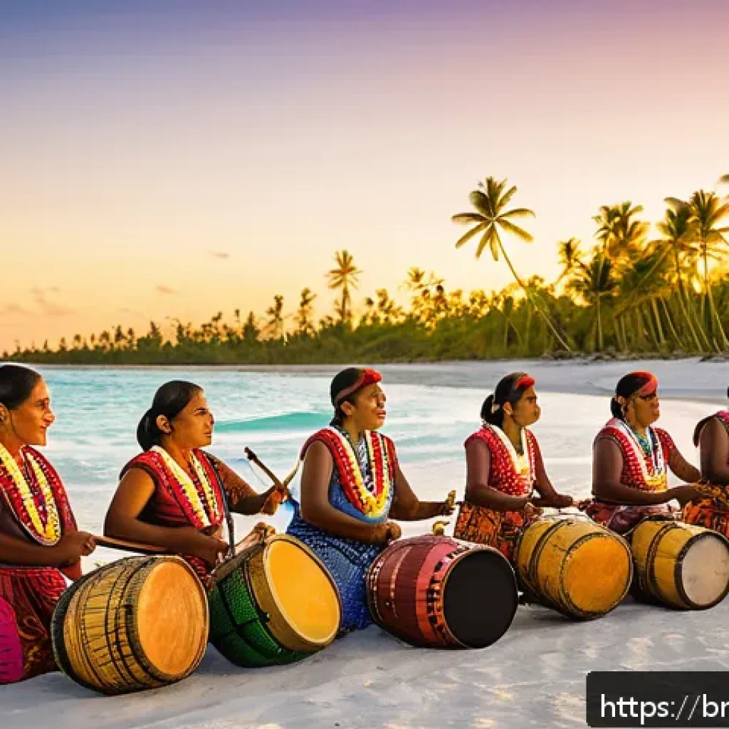 키리바시 독립 과정 - A vibrant traditional Kiribati cultural festival scene at sunset on a tropical island beach, featuri...