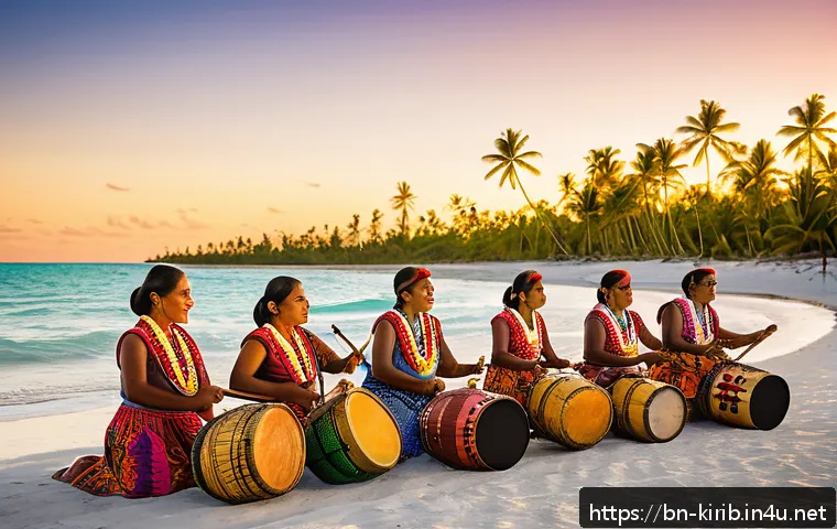 키리바시 독립 과정 - A vibrant traditional Kiribati cultural festival scene at sunset on a tropical island beach, featuri...