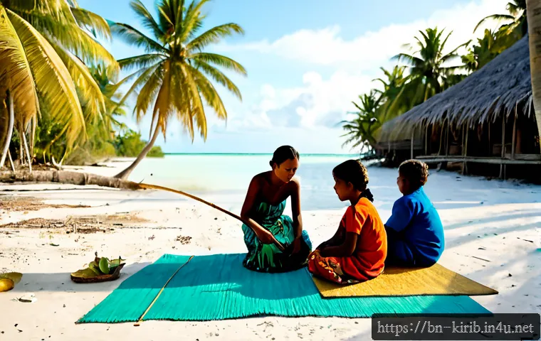 키리바시 부족별 관습 차이 - Photorealistic editorial scene of a Kiribati island community gathering beneath coconut palms, adult...
